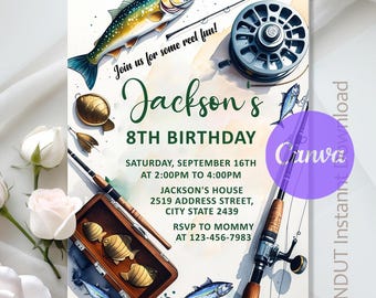 Fishing Birthday Invitation,Gone Fishing Birthday Party,Fishing Party,Fishing Reel in the Fun Invite,Instant Download Editable,Canva