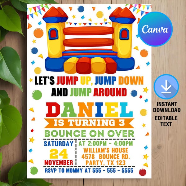 Bounce House Birthday Invitation,Bounce House Party,Bounce House Invitation,Bounce Invite,Instant Download,Editable,Canva Template