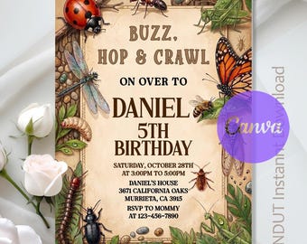 Insect Birthday Invitation,Buzz Hop Crawl Invite,Insect Party Invite,Outdoor Invite Nature Theme Party,Instant Download,Editable Text Canva