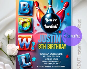 Peut inclure: Une invitation d'anniversaire sur le thème du bowling. Le design présente le mot "BOWLING" en lettres majuscules, des quilles et une boule de bowling avec le texte "You're Invited!". L'invitation est pour le 8e anniversaire de Justin, avec les détails de la date, de l'heure et du lieu.