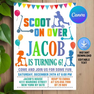 Scooter Birthday Invitation,Scooter Invitation,Scoot On Over,Scooter Birthday Party,Scooter Birthday,Instant Download,Editable,Canva