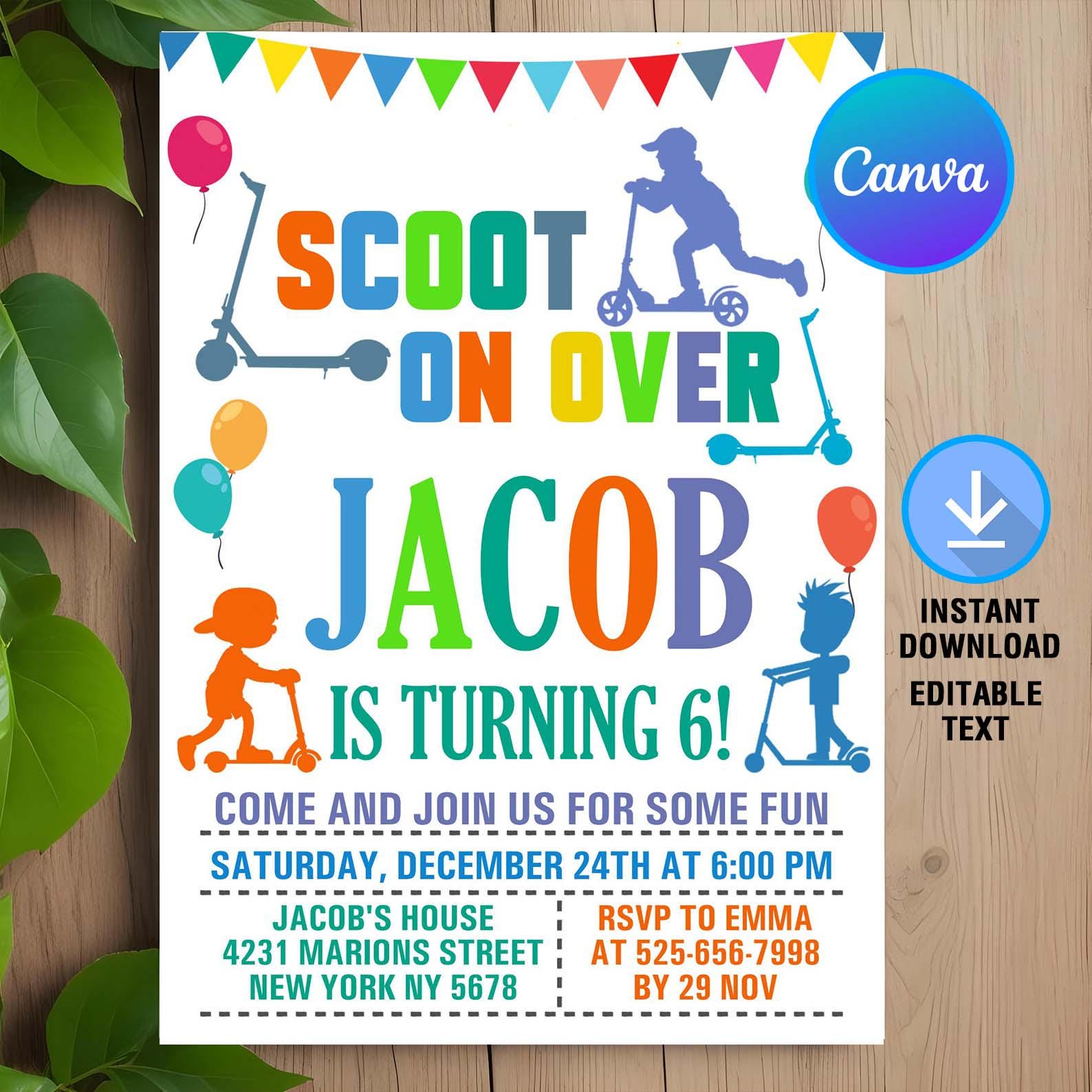 Scooter Birthday Invitation,Scooter Invitation,Scoot On Over,Scooter Birthday Party,Scooter Birthday,Instant Download,Editable,Canva