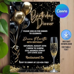 Geburtstagseinladung zum Abendessen,Geburtstags-Dinner-Party-Schwarz-goldener Diamant Für Männer und Frauen, Sofortiger Download, Bearbeitbar,Canva