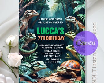 爬虫類の誕生日招待状、爬虫類の招待状、爬虫類の誕生日パーティー、動物とのふれあいパーティー、即時ダウンロード、編集可能、Canvaテンプレート