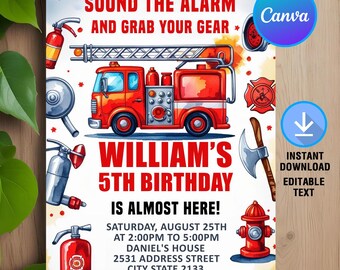 Invitation d'anniversaire de camion de pompier, invitation de pompier, fête d'anniversaire de pompier, invitation de camion de pompier, téléchargement immédiat, modifiable, modèle de toile