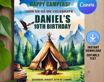 Camping Birthday Invitation,Camper Birthday Invite,Adventure Forest Camp Invitation,Camping Invitation,Instant Download,Editable,Canva