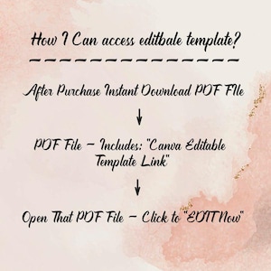 May include: A graphic on a pink and gold background explains how to access an editable template. The text reads: "How I Can access editable template?" followed by steps: "After Purchase Instant Download PDF File", "PDF File - Includes: 'Canva Editable Template Link'", and "Open That PDF File - Click to 'EDIT Now'".