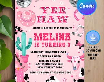 Yee Haw Cowgirl Birthday Invitation,Pink Cowgirl Invite,Cowgirl Disco Rodeo Invite,Cowgirl Invite,Instant Download,Editable,Canva Template