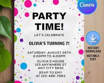 Colored Confetti Birthday Invitation,Colorful Birthday Party,Colourful Confetti Invitation For Kids,Instant Download,Editable,Canva