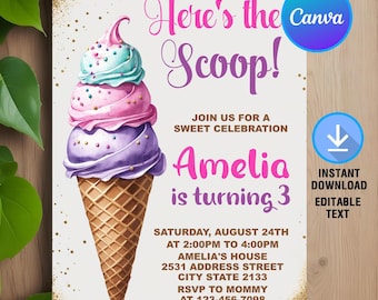 Ice Cream Birthday Invitation,Ice Cream Birthday Party,Here's the Scoop Cone Gold Mint Pink Purple,Instant Download,Editable,Canva