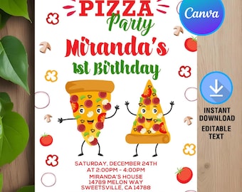 May include: A white printable invitation with a red, green, and yellow pizza party theme. The invitation says "It's a Pizza Party Miranda's 1st Birthday". The invitation includes a cartoon pizza slice with a smiling face.