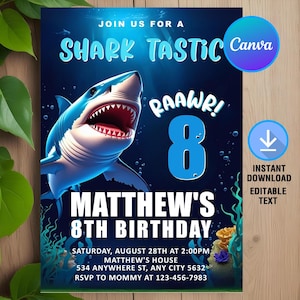 Shark Birthday Invitation,Shark Invitation,Shark Birthday Party,Shark Tastic Ocean Theme Invite,Instant Download,Editable,Canva Template