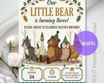 Little Bear Birthday Invitation,Woodland Animals Party,Little Bear and Friends Party,Instant Download,Editable Text,Canva