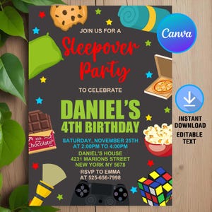 Sleepover Party Invitation,Sleepover Birthday Invitation,Sleepover Invite, Slumber Party,Sleepover Birthday,Instant Download,Editable,Canva