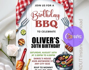 Birthday BBQ Invitation,BBQ Birthday Invitation,BBQ Red Gingham Backyard Party,Bbq Party,Instant Download,Editable,Canva Template
