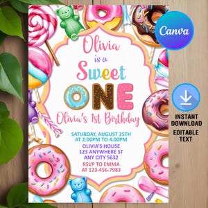 Sweet One Birthday Invitation,Sweet One Birthday,Sweet One Invitation,Dessert Donut Ice Cream Candy Invite,Editable,Canva Template