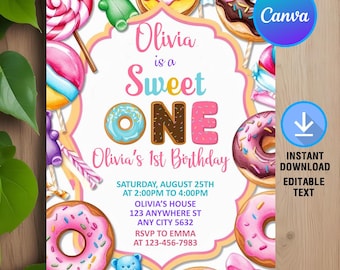 Sweet One Birthday Invitation,Sweet One Birthday,Sweet One Invitation,Dessert Donut Ice Cream Candy Invite,Editable,Canva Template