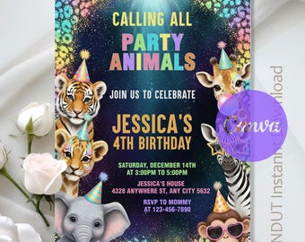 Party Animals Birthday Invitation,Safari Jungle Animals Birthday Party,Animals Party Invite,Instant Download,Editable,Canva