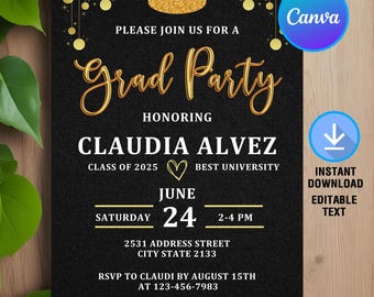 Graduation Party Invitation,Graduation Invitation,Grad Party Invite,University Graduation,High School Invite,Editable,Canva Template