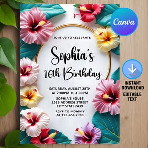 Tropical Birthday Invitation,Tropical Flowers Birthday Party,Hawaiian Invitation,Aloha Luau Birthday Party,Editable,Canva Template
