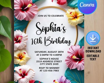 Tropical Birthday Invitation,Tropical Flowers Birthday Party,Hawaiian Invitation,Aloha Luau Birthday Party,Editable,Canva Template
