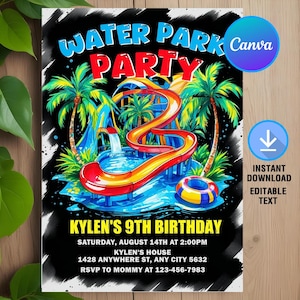 Water Park Birthday Invitation,Water Park Party Invitation,Water Park Waterslide Invite,Summer Pool Party,Instant Download,Editable,Canva