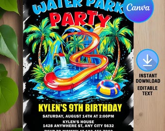 May include: A vibrant invitation for a water park party. The design features a colorful water slide, palm trees, and a pool. Text includes "Water Park Party" and details for Kylen's 9th birthday, including date, time, and location.