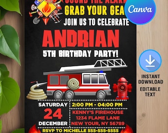 Fire Truck invitation,Fire Truck Birthday Party,Fire Truck Birthday Invitation,Instant Download,Printable,Editable,Canva Template