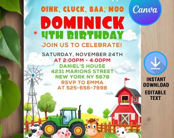 Farm Birthday Invitation,Farm Invitation,Farm Birthday,Farm Animals Birthday Invite,Farm Animals Invite,Instant Download,Editable,Canva