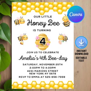 Honey Bee Birthday Invitation,Honey Bee Invite,Honey Bee Birthday,Bee Invitation,Bee Birthday,Instant Download,Editable,Canva Template