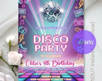 Verjaardagsuitnodiging discofeest, Glow Disco Dance Party, Disco Uitnodiging, Disco Verjaardagsfeestje, Instant Download, Bewerkbaar, Canvas