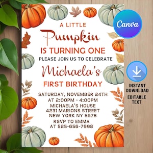Little Pumpkin Invitation,Little Pumpkin Birthday Invitation,Pumpkin Birthday,Pumpkin First Birthday Invite,Instant Download,Editable,Canva