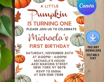 Little Pumpkin Invitation,Little Pumpkin Birthday Invitation,Pumpkin Birthday,Pumpkin First Birthday Invite,Instant Download,Editable,Canva