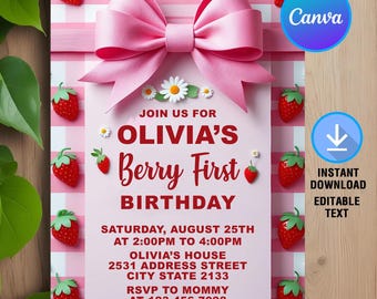 Berry First Birthday Invitation,Berry First Birthday,Strawberry Birthday Invitation,Strawberry Invite,Instant Download,Editable,Canva
