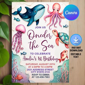 Oneder the Sea Birthday Invitation,Under the Sea Invitation,1st Birthday Party,Ocean Animals Invite,Instant Download,Editable,Canva Template