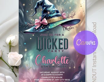 Wicked Party Invitation,Wicked Birthday Party,Wicked Invitation,Pink and Green Wicked Ticket Party,Instant Download,Editable,Canva Template