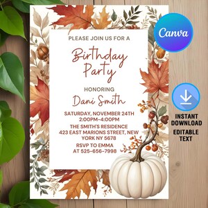 Fall Floral Birthday Invite,Fall Birthday Party,Autumn Birthday Party Invite,Fall Flowers,Dinner Invite,Instant Download,Editable,Canva