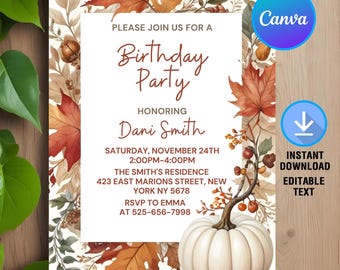 Fall Floral Birthday Invite,Fall Birthday Party,Autumn Birthday Party Invite,Fall Flowers,Dinner Invite,Instant Download,Editable,Canva
