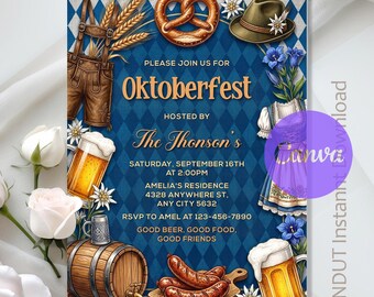 Oktoberfest Party Invitation,Oktoberfest Invitation,Blue Bavarian Beer Party Invitation,Instant Download,Editable Text Canva