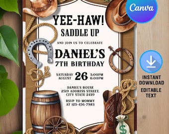 Cowboy-Geburtstagseinladung, Cowboy Rodeo Country Western einladen, rustikales Holz Yee Haw im Sattel, sofortiger Download bearbeitbare Canva