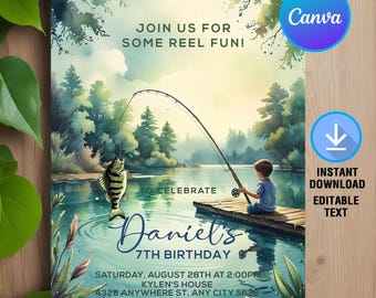 Fishing Birthday Invitation,Fishing Invitation,Gone Fishing Reel in the Fun,Instant Download,Printable,Editable,Canva Template