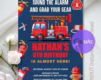 Fire Truck Birthday Invitation,Fire Truck Birthday Party,Firefighter Birthday invite,Firetruck Invitation,Instant Download,Editable,Canva