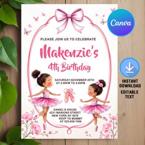 Ballerina Birthday Invitation,Ballerina Party,Ballerina Ballet Dancer Girl Invite,Ballet Birthday Invite,Instant Download,Editable,Canva