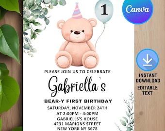 Invitación de cumpleaños de oso verde, invitación de primer cumpleaños de oso, invitación de cumpleaños de oso, primera invitación para cualquier edad, descarga instantánea, editable, Canva