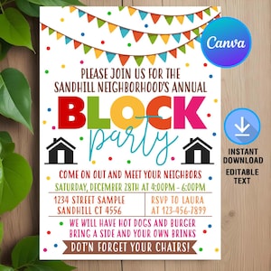 Fête de quartier du quartier de Sandhill, invitation à une fête de quartier, invitation à une fête de quartier, fête de quartier, téléchargement immédiat, modifiable, modèle de toile