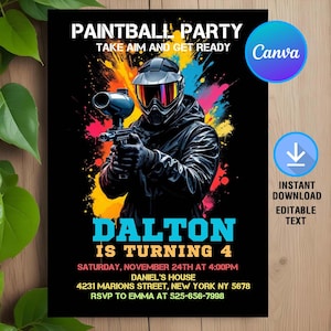Paintball Birthday Invitation,Paintball Birthday Party,Paintball Invitation,Paintball Birthday,Instant Download,Editable,Canva Template