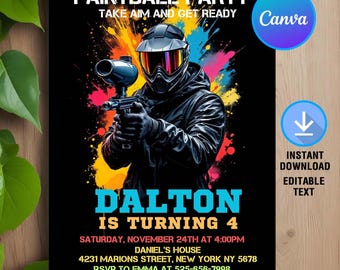 Invito di compleanno di paintball, festa di compleanno di paintball, invito di paintball, compleanno di paintball, download immediato, modificabile, modello Canva