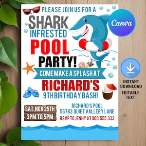 Shark Pool Party Birthday Invitation,Shark Pool Party Invitation,Shark Pool Party,Shark Invitation,Instant Download,Editable,Canva Template