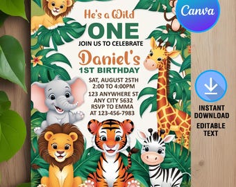 Wild One 1st Birthday Invitation,Wild One Birthday,Safari First Birthday Party,Jungle 1st Birthday Invite,Editable,Canva Template