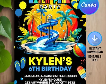 May include: A vibrant invitation for a water park party, featuring a blue waterslide, palm trees, and a colorful beach ball. The text reads "Water Park Party" and "Kylen's 6th Birthday" with event details. Includes an "Instant Download" option.